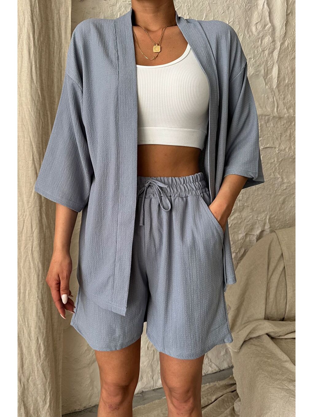 Kadın Gri Kimono Gömlek Şort Alt Üst Takım-1