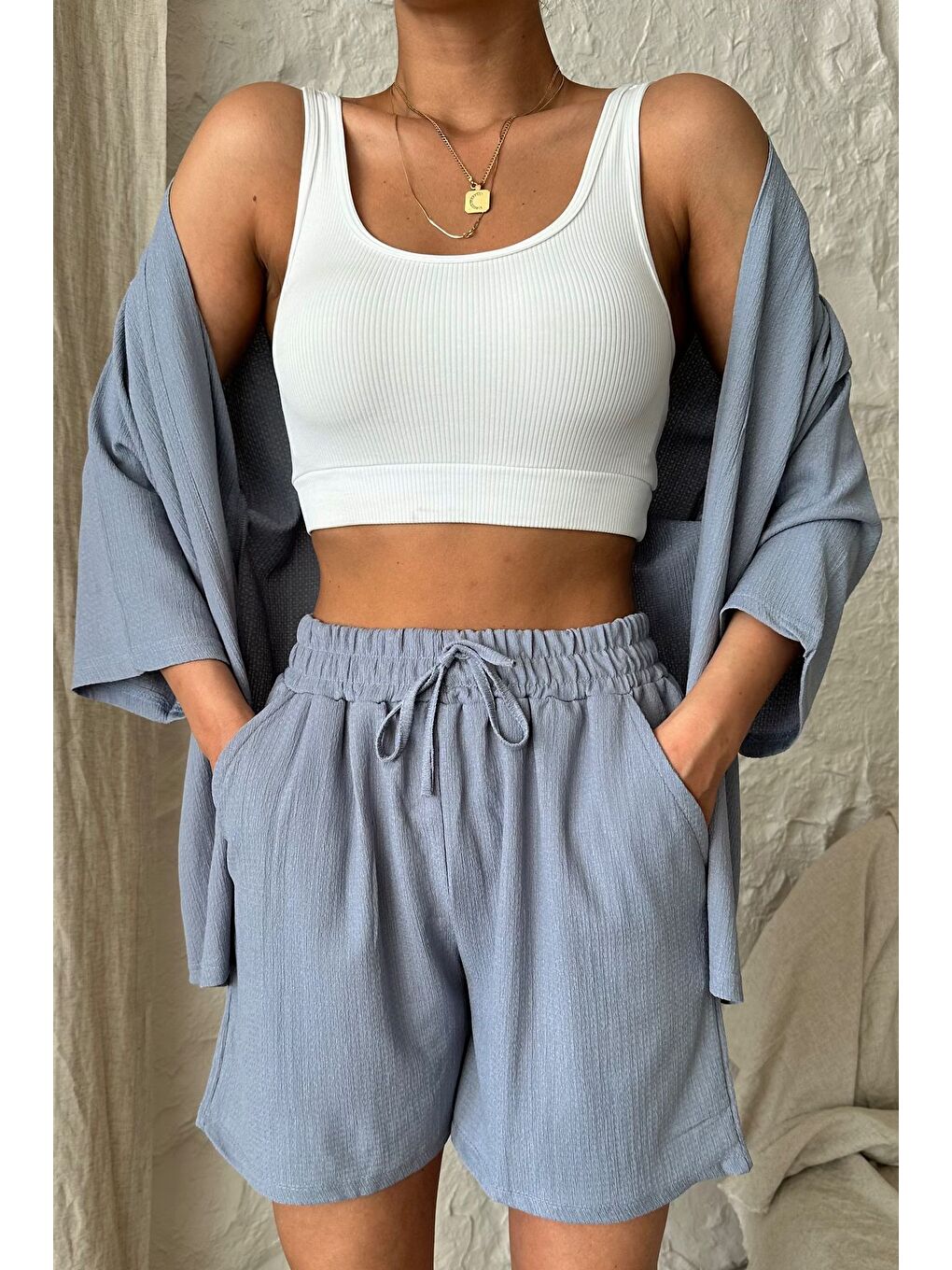 Kadın Gri Kimono Gömlek Şort Alt Üst Takım-2