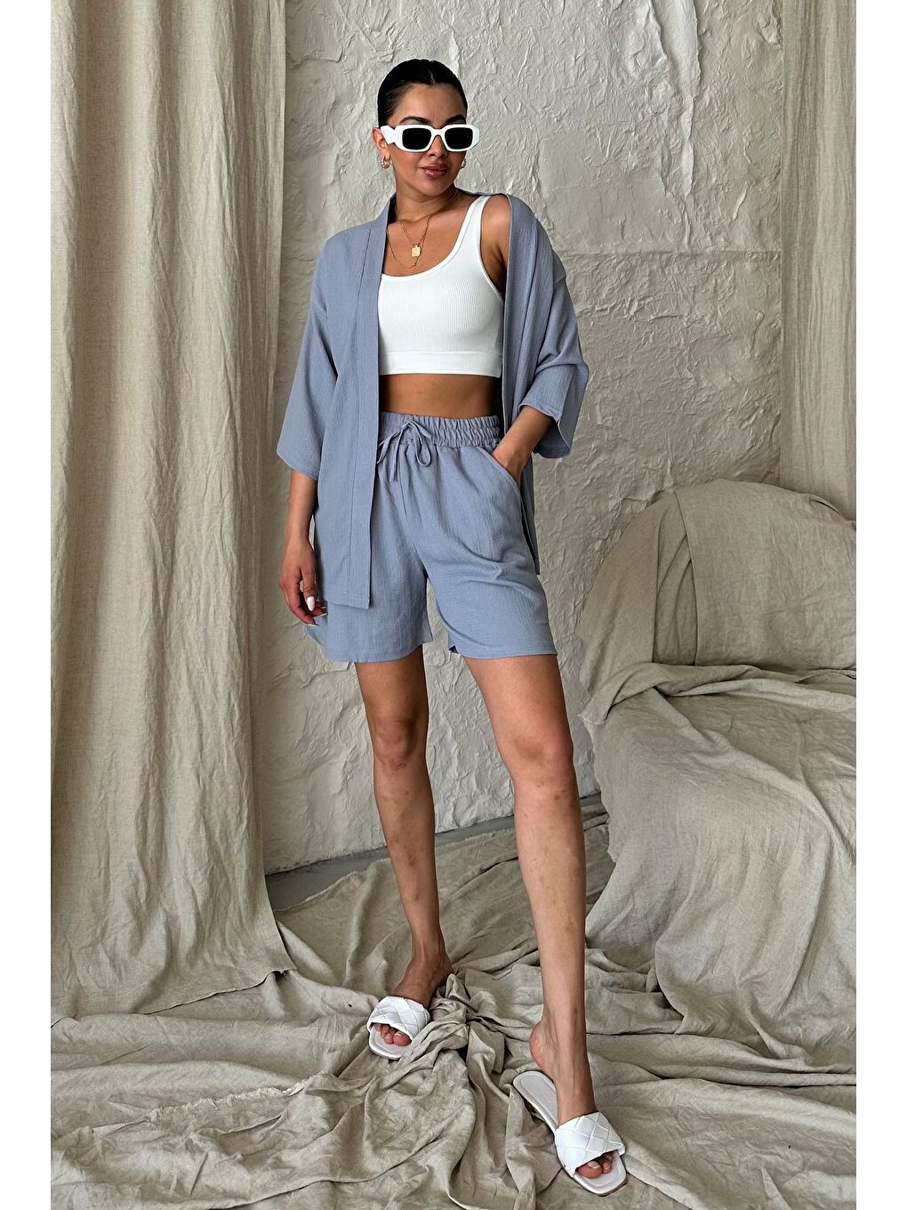 Kadın Gri Kimono Gömlek Şort Alt Üst Takım-3