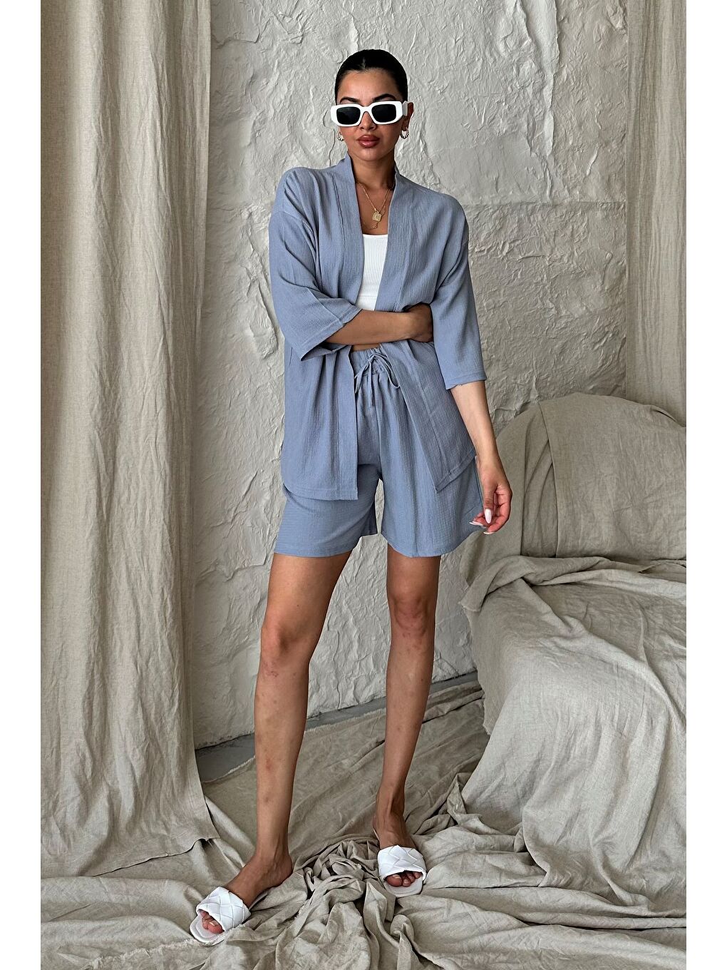 Kadın Gri Kimono Gömlek Şort Alt Üst Takım-4