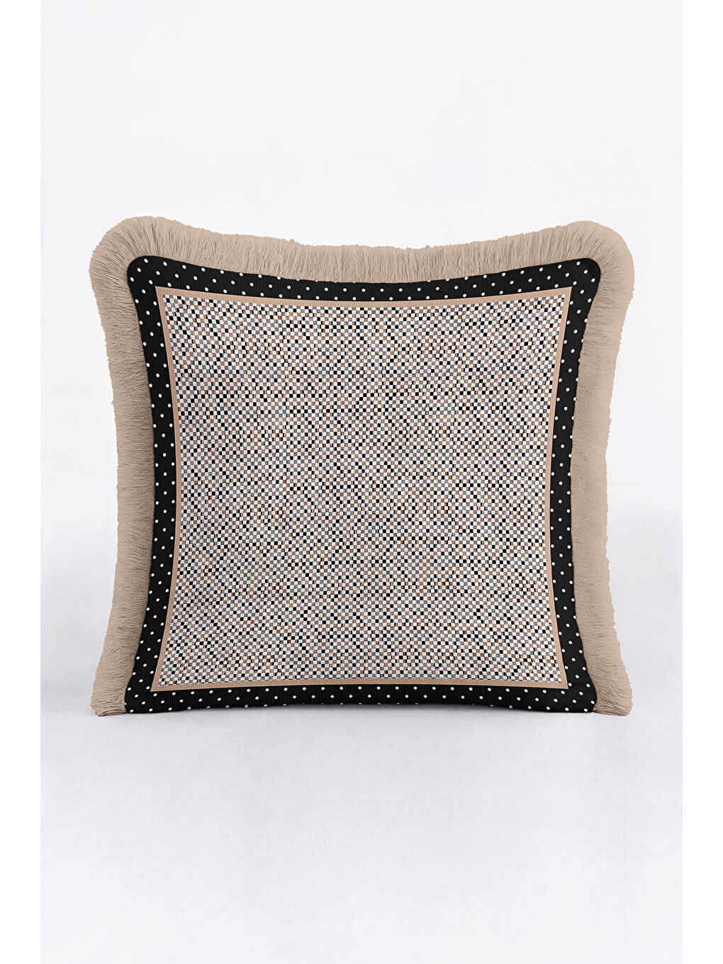 Karışık Noktalı Lüks Saçaklı Yastık Kılıfı - Retro Dokunuş Siyah Krem Altın Renkli Püsküllü Kırlent Kılıfı-4
