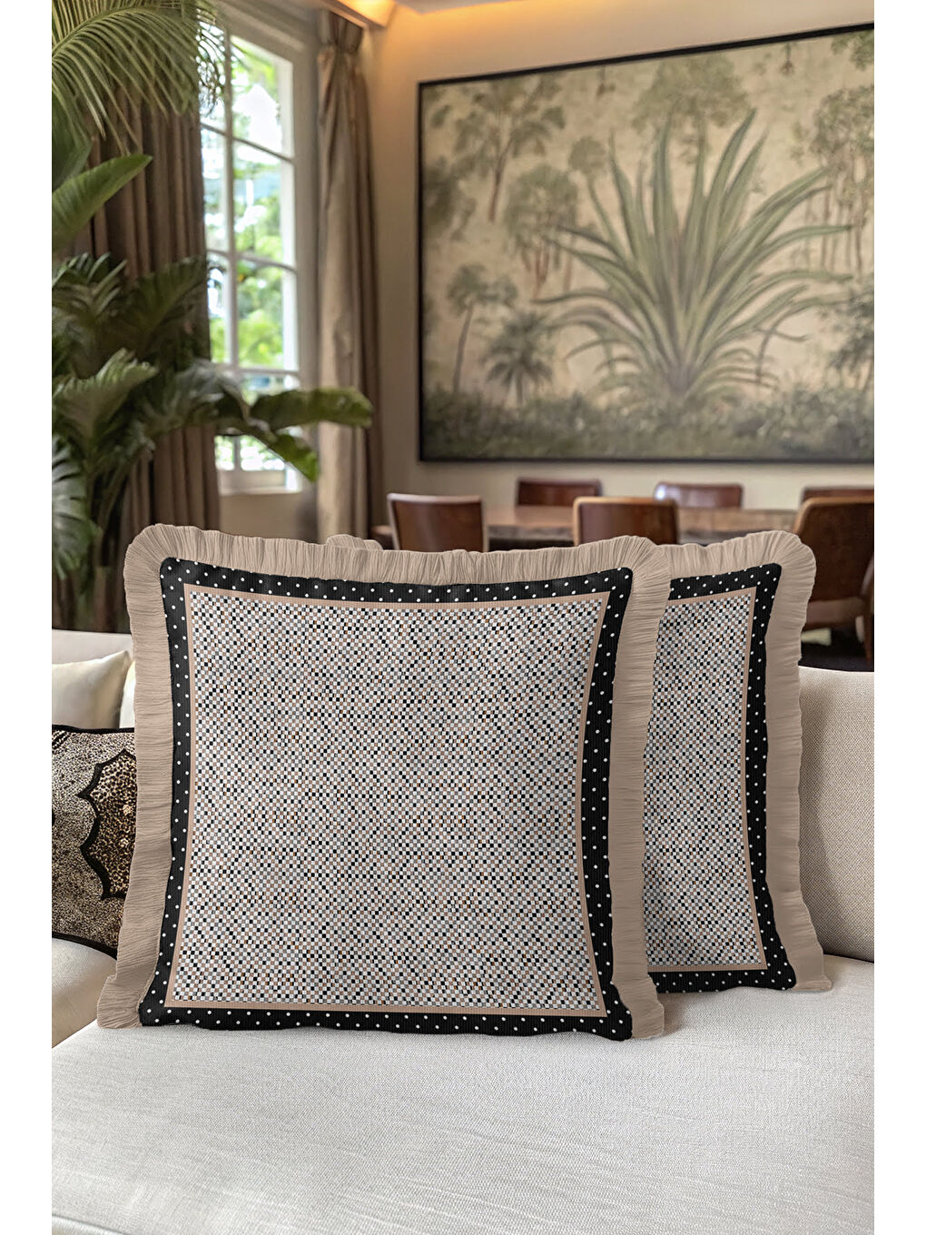 Karışık Noktalı Lüks Saçaklı Yastık Kılıfı - Retro Dokunuş Siyah Krem Altın Renkli Püsküllü Kırlent Kılıfı-5