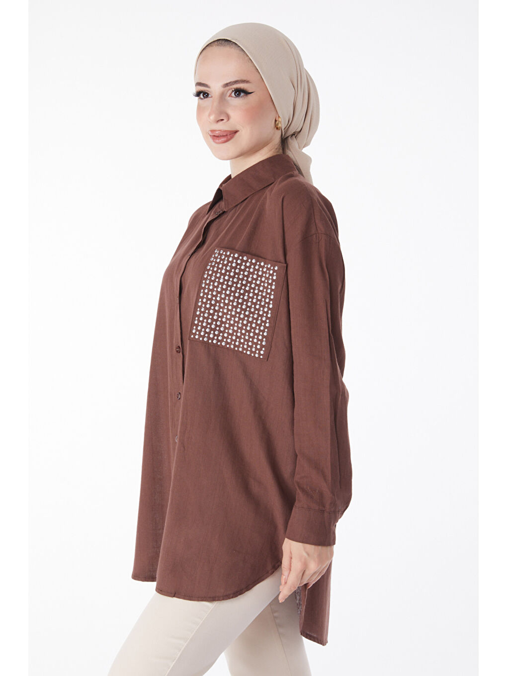 Gömlek Yaka Kadın Kahverengi Cep Taş Detaylı Tunik - 13168-2
