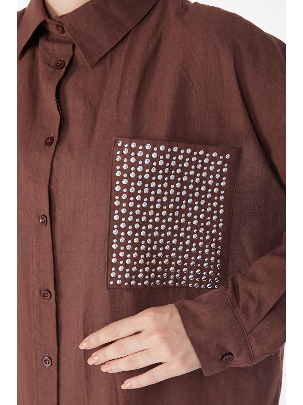 Gömlek Yaka Kadın Kahverengi Cep Taş Detaylı Tunik - 13168-4