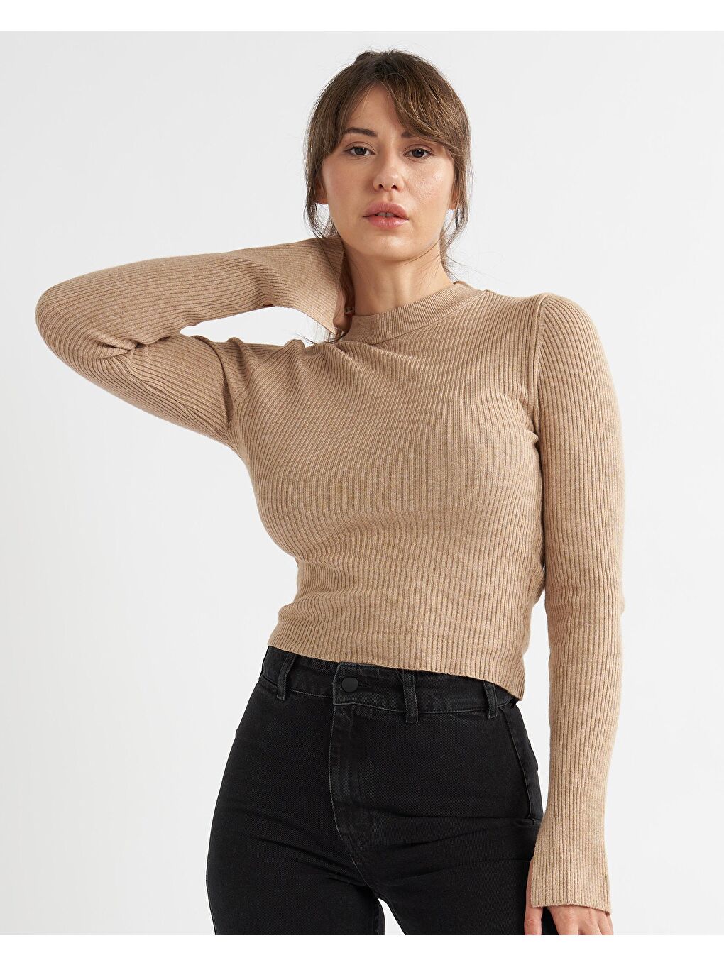 Bisiklet Yaka Basic Uzun Kol Triko Kazak - Bej