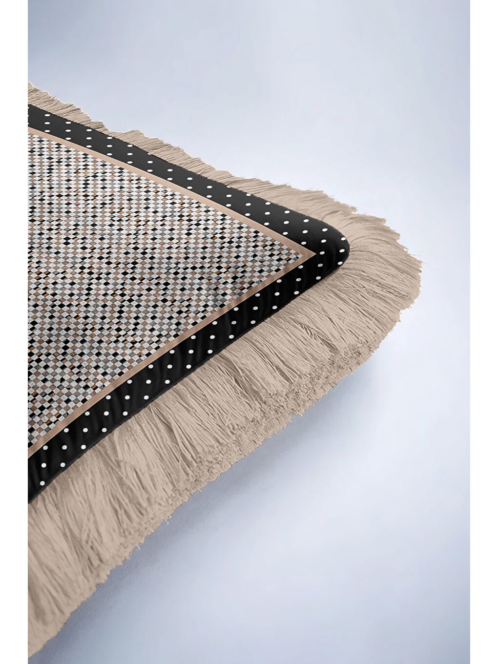 Karışık Noktalı Lüks Saçaklı Yastık Kılıfı - Retro Dokunuş Siyah Krem Altın Renkli Püsküllü Kırlent Kılıfı-6