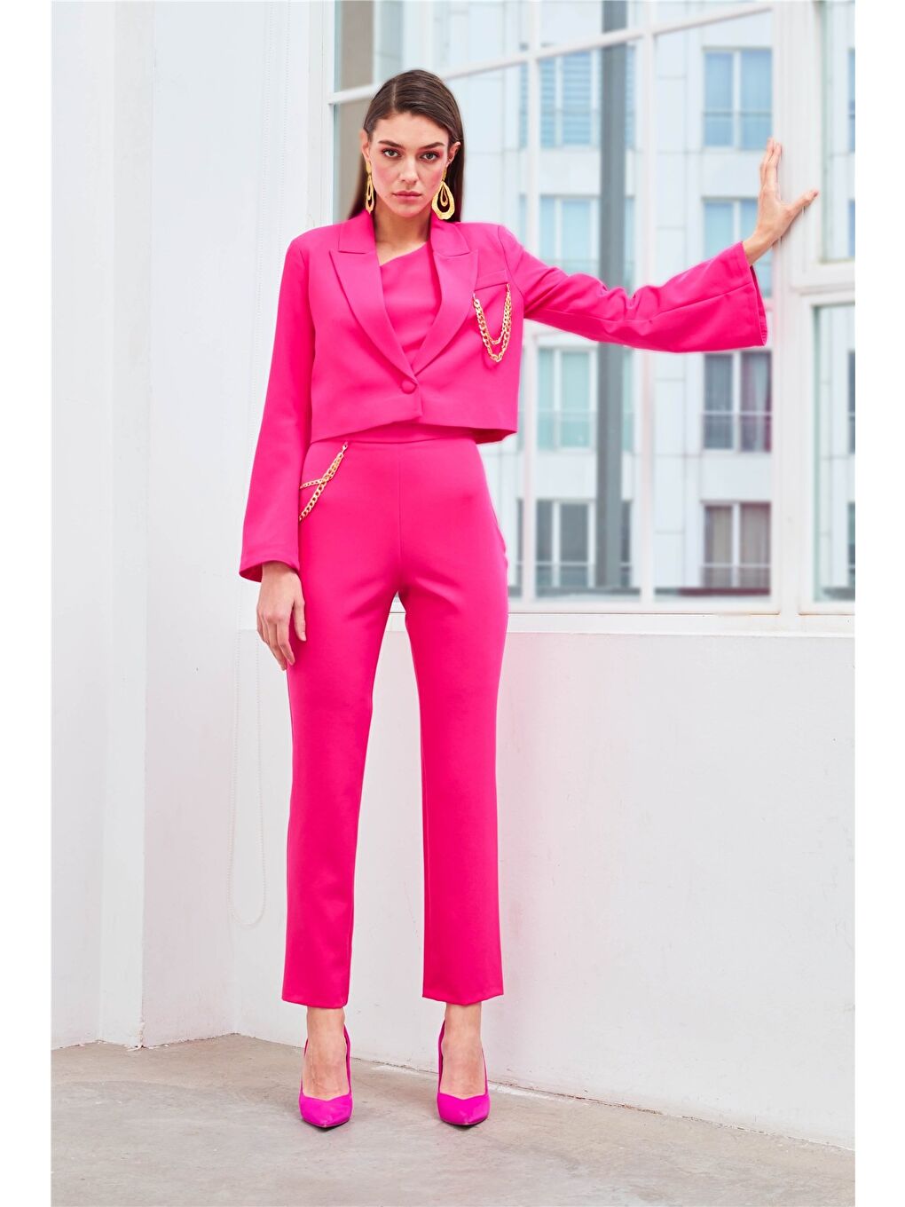 Zincir Aksesuarlı Pantolon - Fuşya-1