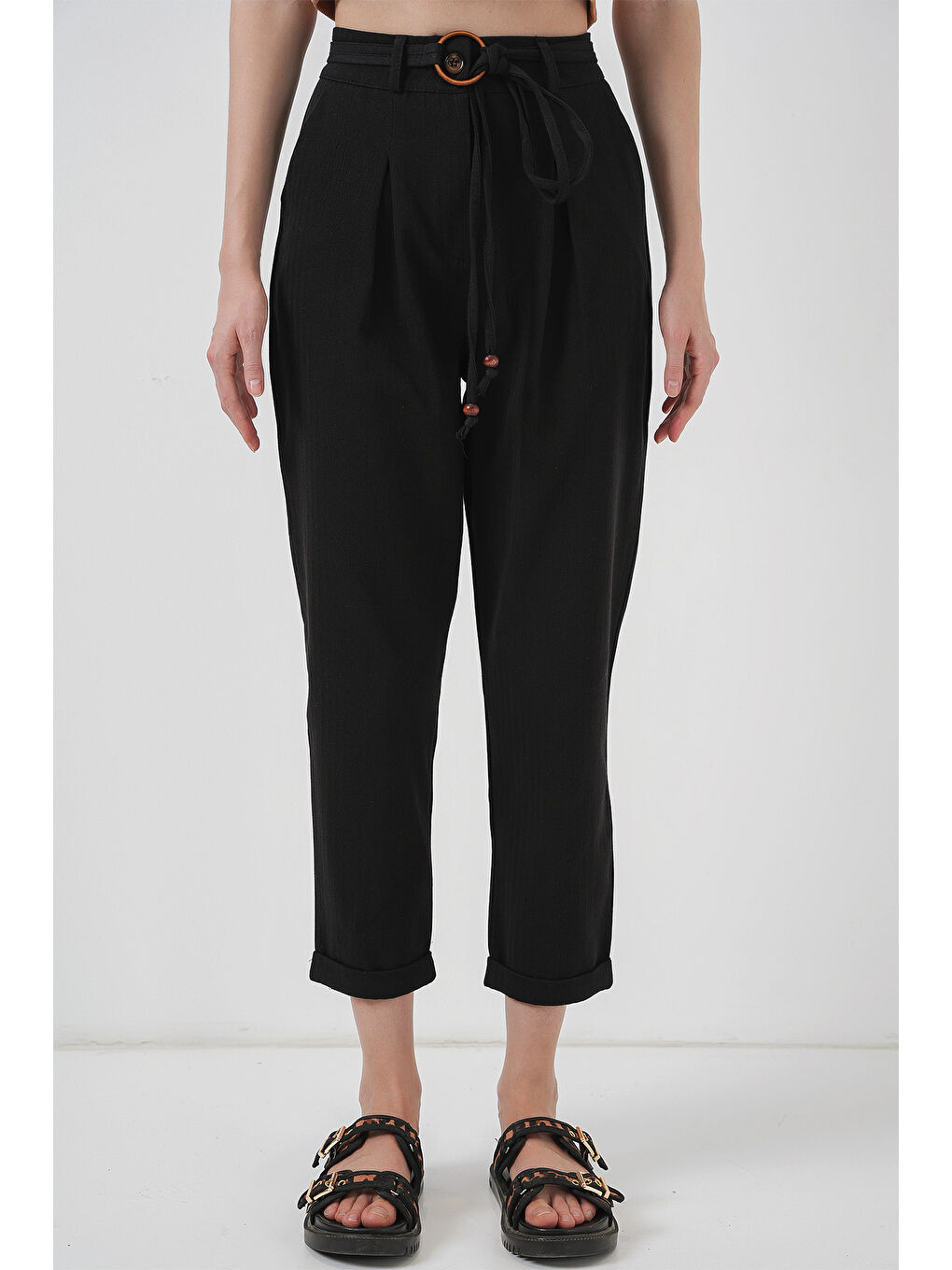 6660 Kemerli Keten Pantolon - Siyah-1