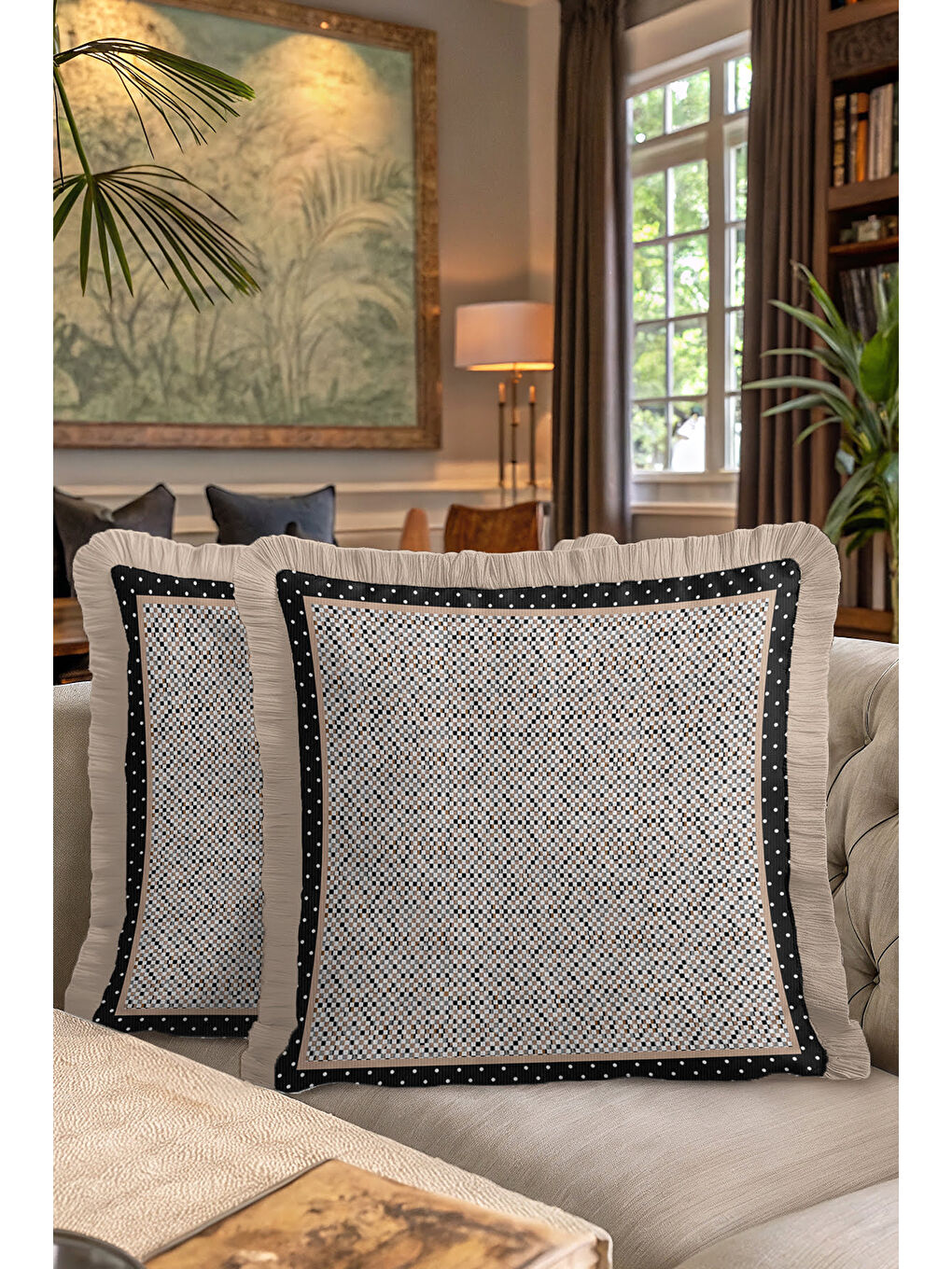 Karışık Noktalı Lüks Saçaklı Yastık Kılıfı - Retro Dokunuş Siyah Krem Altın Renkli Püsküllü Kırlent Kılıfı-7