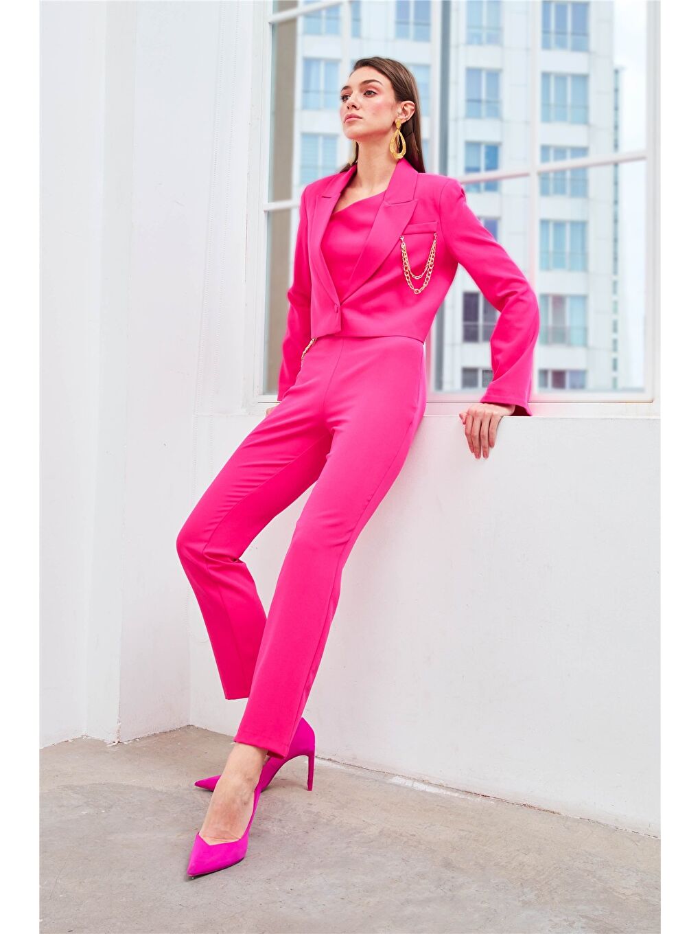 Zincir Aksesuarlı Pantolon - Fuşya-4