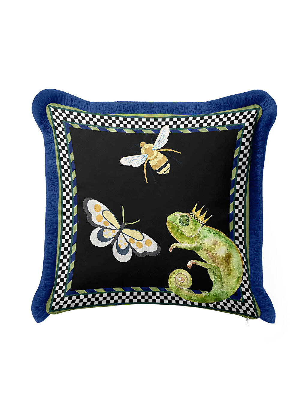 Karışık Kraliyet Botanik Saçaklı Yastık Kılıfı - Vahşi Doğa Eklektik Siyah Mavi Püsküllü Kırlent Kılıfı-1