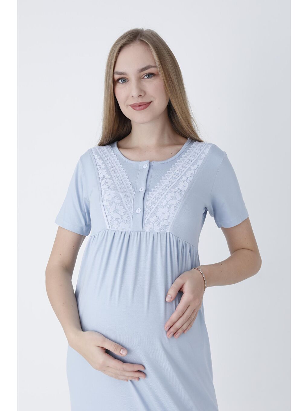Bebek Mavisi Sabahlıklı Dantel Detaylı Önden Düğmeli Hamile ve Lohusa Gecelik Takımı-6