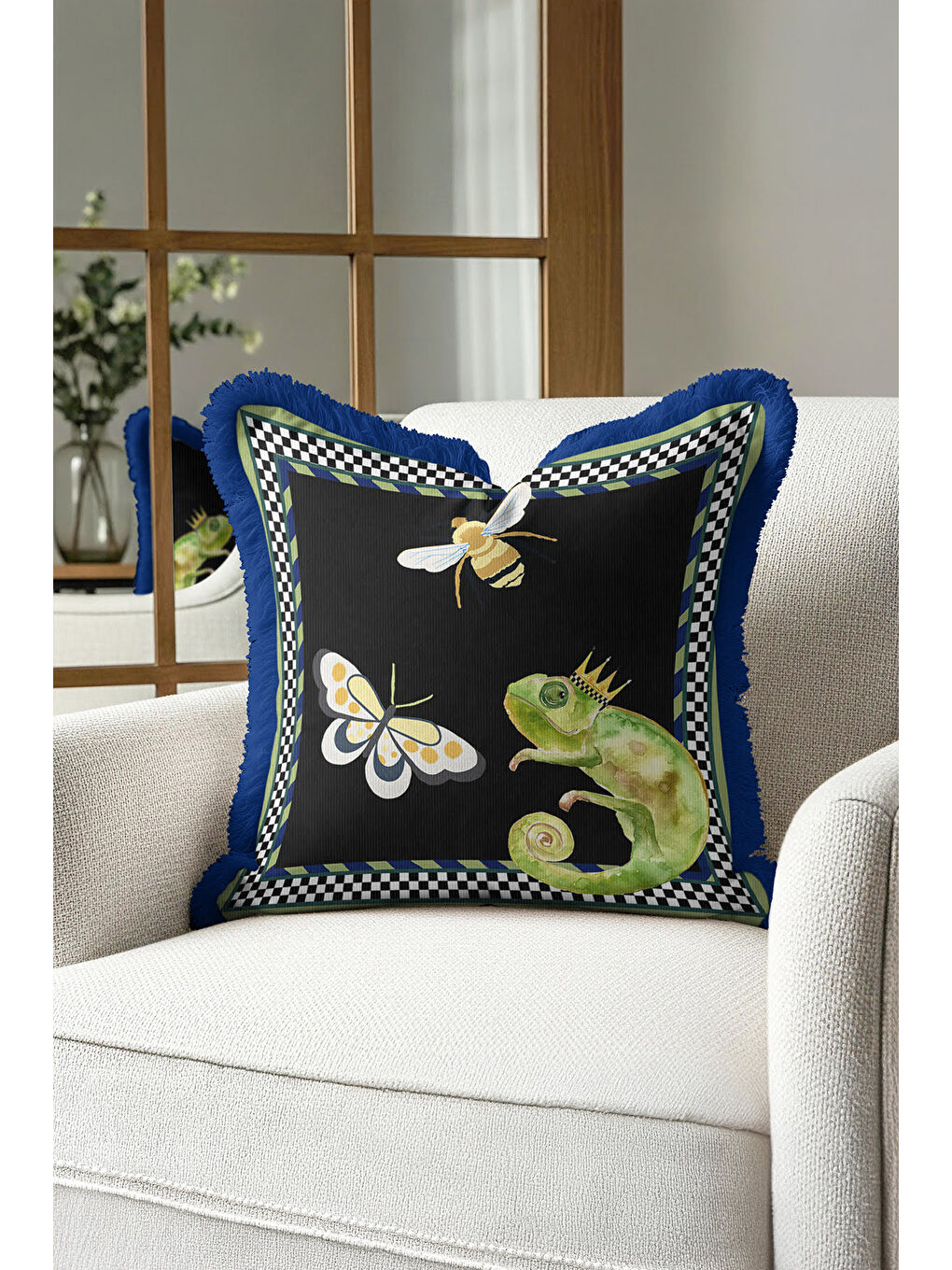 Karışık Kraliyet Botanik Saçaklı Yastık Kılıfı - Vahşi Doğa Eklektik Siyah Mavi Püsküllü Kırlent Kılıfı-2