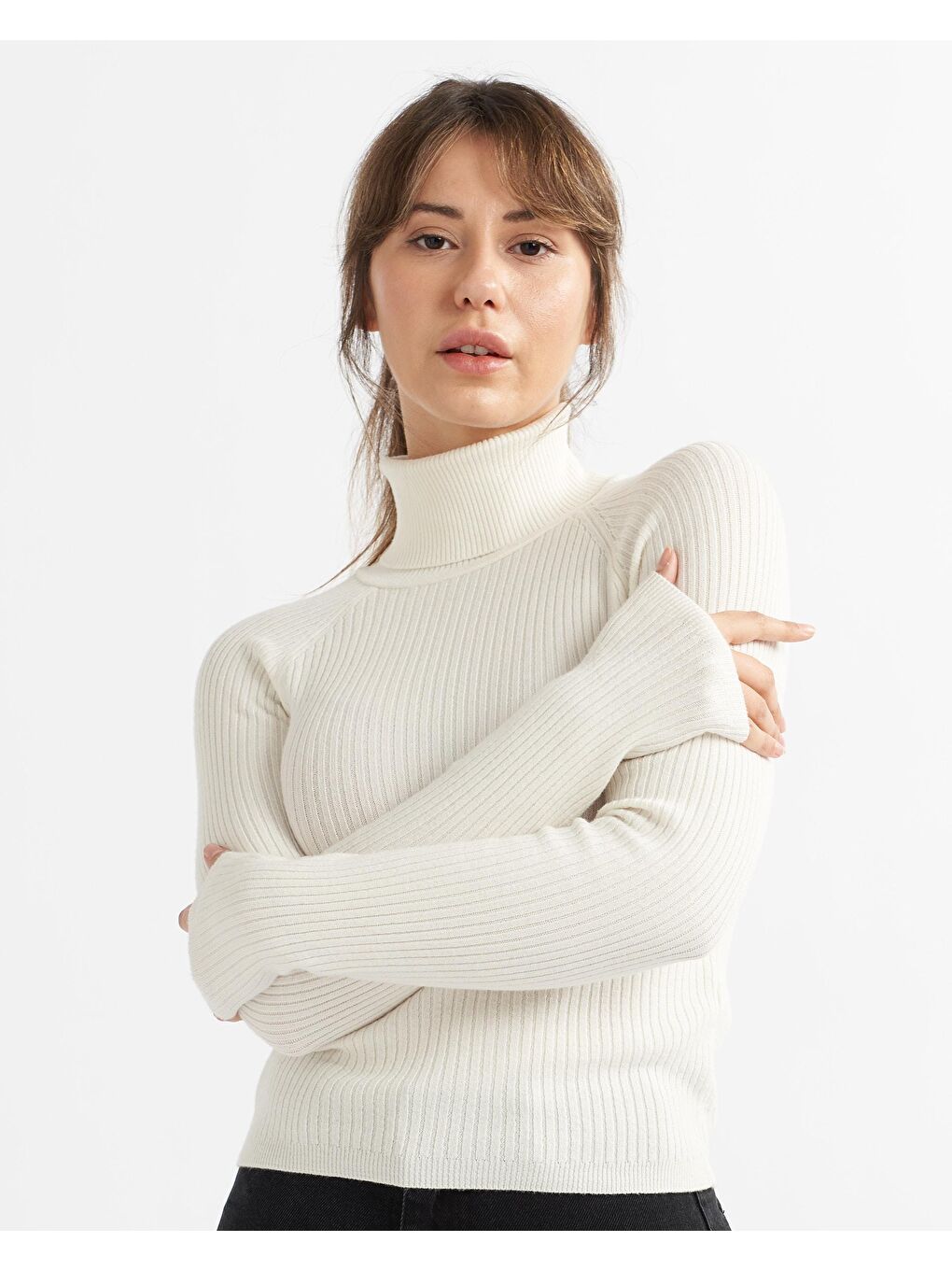 Boğazlı Yaka Basic Uzun Kol Triko Kazak - Ekru