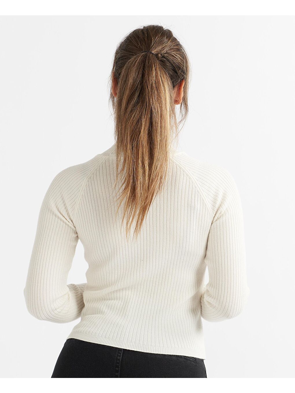 Boğazlı Yaka Basic Uzun Kol Triko Kazak - Ekru-2