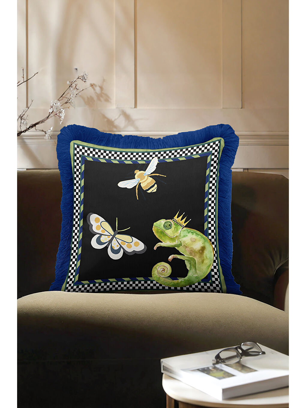 Karışık Kraliyet Botanik Saçaklı Yastık Kılıfı - Vahşi Doğa Eklektik Siyah Mavi Püsküllü Kırlent Kılıfı-3