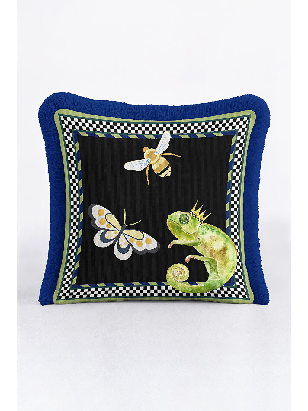 Karışık Kraliyet Botanik Saçaklı Yastık Kılıfı - Vahşi Doğa Eklektik Siyah Mavi Püsküllü Kırlent Kılıfı-4