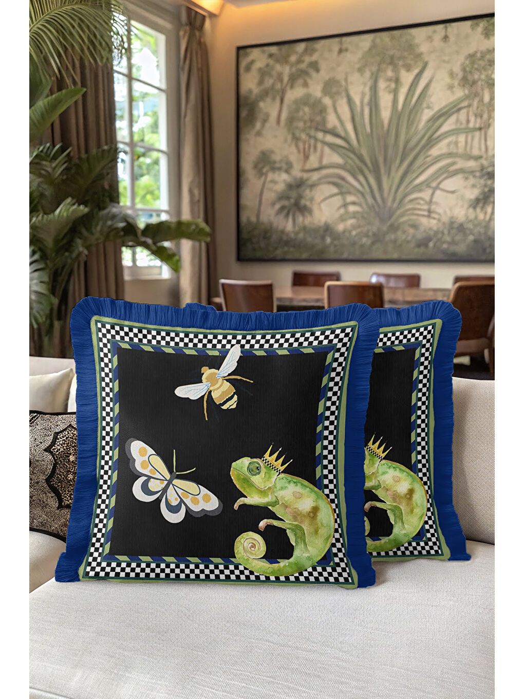 Karışık Kraliyet Botanik Saçaklı Yastık Kılıfı - Vahşi Doğa Eklektik Siyah Mavi Püsküllü Kırlent Kılıfı-5