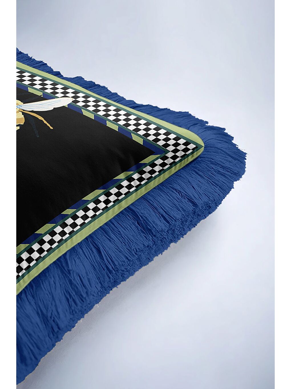 Karışık Kraliyet Botanik Saçaklı Yastık Kılıfı - Vahşi Doğa Eklektik Siyah Mavi Püsküllü Kırlent Kılıfı-6