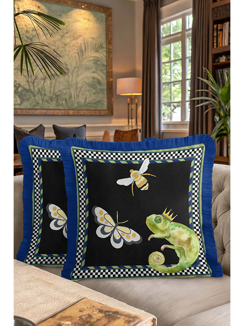 Karışık Kraliyet Botanik Saçaklı Yastık Kılıfı - Vahşi Doğa Eklektik Siyah Mavi Püsküllü Kırlent Kılıfı-7