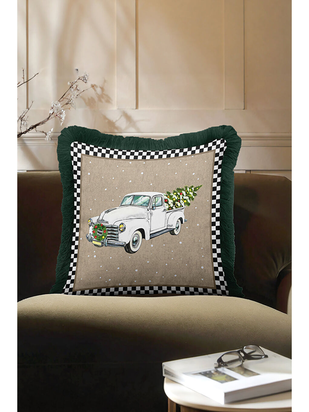 Karışık Vintage Kamyonlu Saçaklı Yastık Kılıfı - Klasik Kış Rustik Yeşil Püsküllü Kırlent Kılıfı