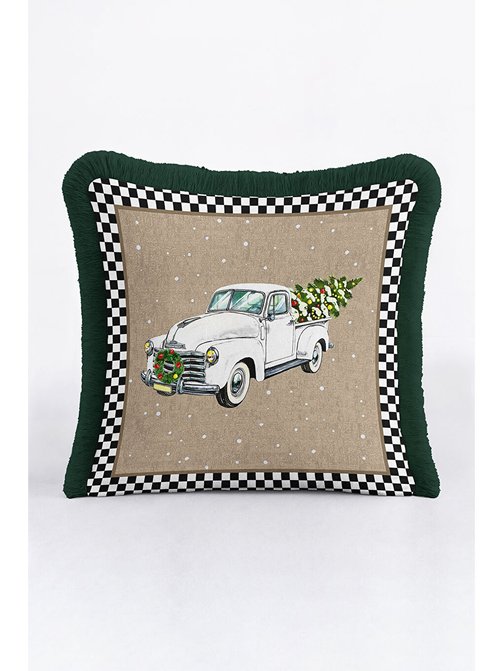 Karışık Vintage Kamyonlu Saçaklı Yastık Kılıfı - Klasik Kış Rustik Yeşil Püsküllü Kırlent Kılıfı-1