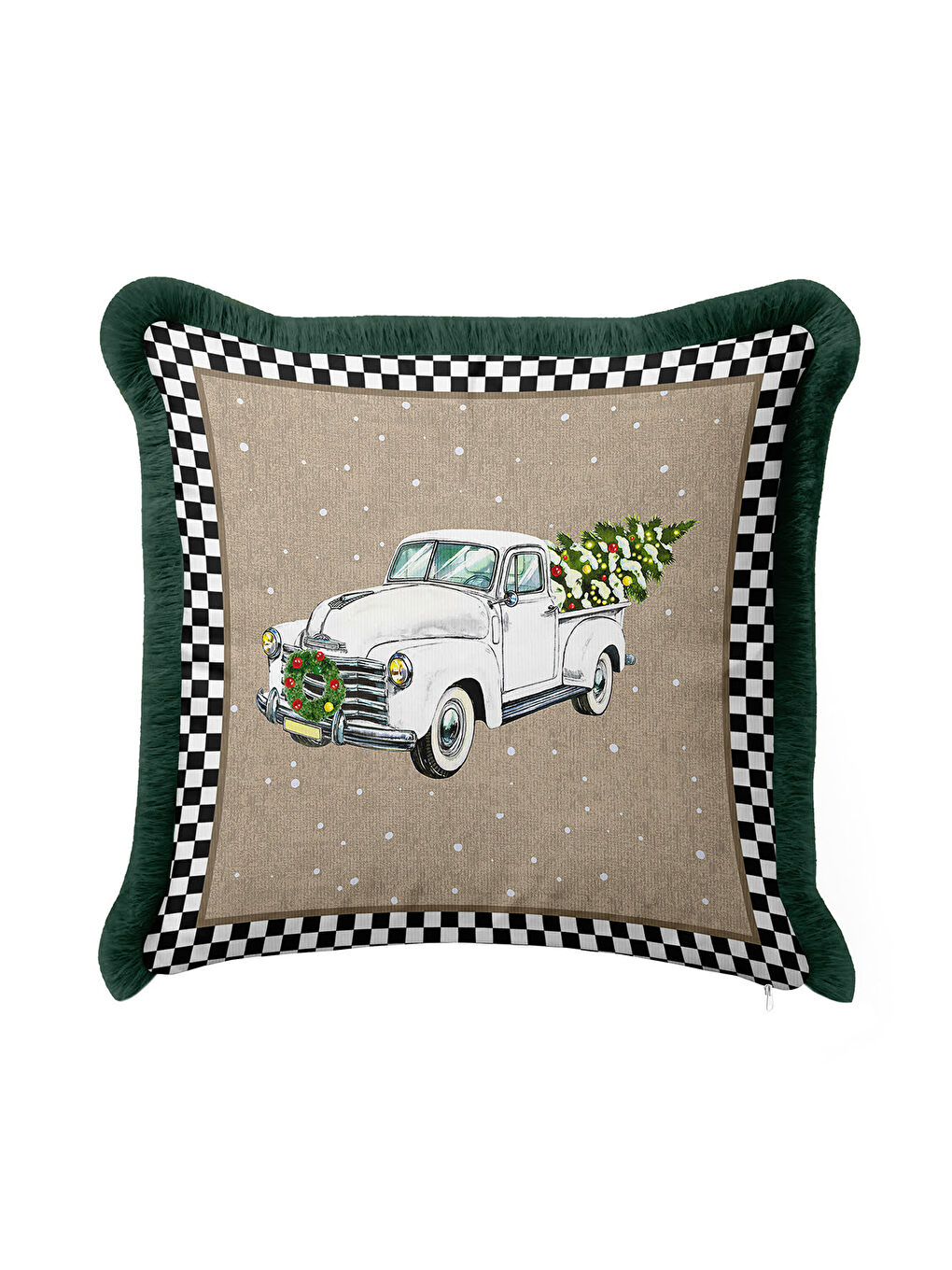 Karışık Vintage Kamyonlu Saçaklı Yastık Kılıfı - Klasik Kış Rustik Yeşil Püsküllü Kırlent Kılıfı-2