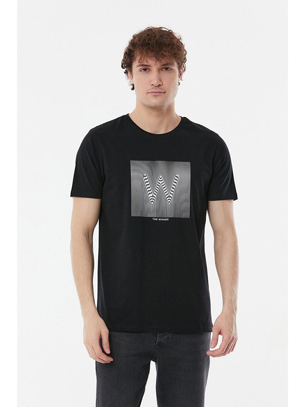 Siyah Baskılı Bisiklet Yaka Tişört-1