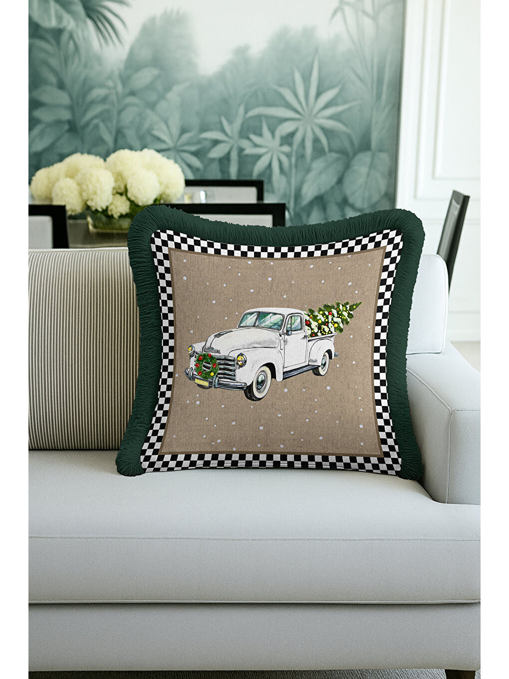 Karışık Vintage Kamyonlu Saçaklı Yastık Kılıfı - Klasik Kış Rustik Yeşil Püsküllü Kırlent Kılıfı-3