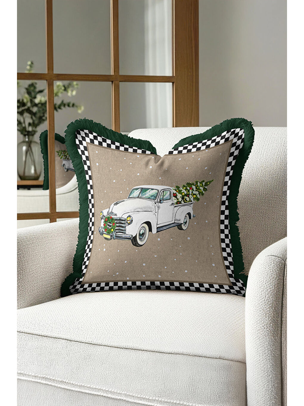 Karışık Vintage Kamyonlu Saçaklı Yastık Kılıfı - Klasik Kış Rustik Yeşil Püsküllü Kırlent Kılıfı-4