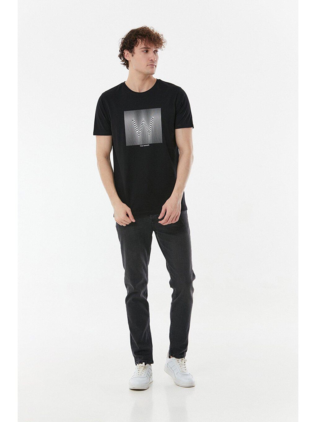 Siyah Baskılı Bisiklet Yaka Tişört-2