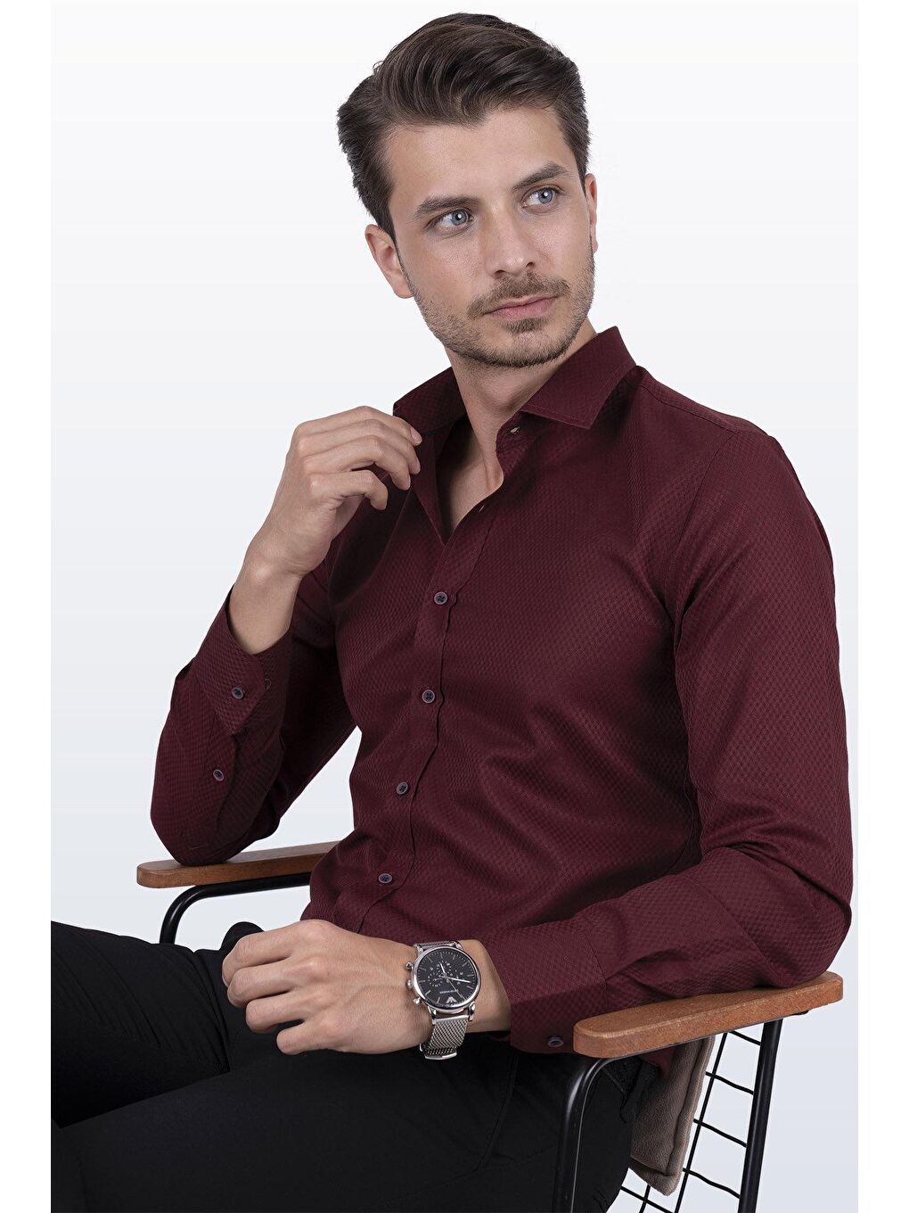 Etikmen Koyu Bordo Baklava Desen Slimfit Erkek Gömlek - 2