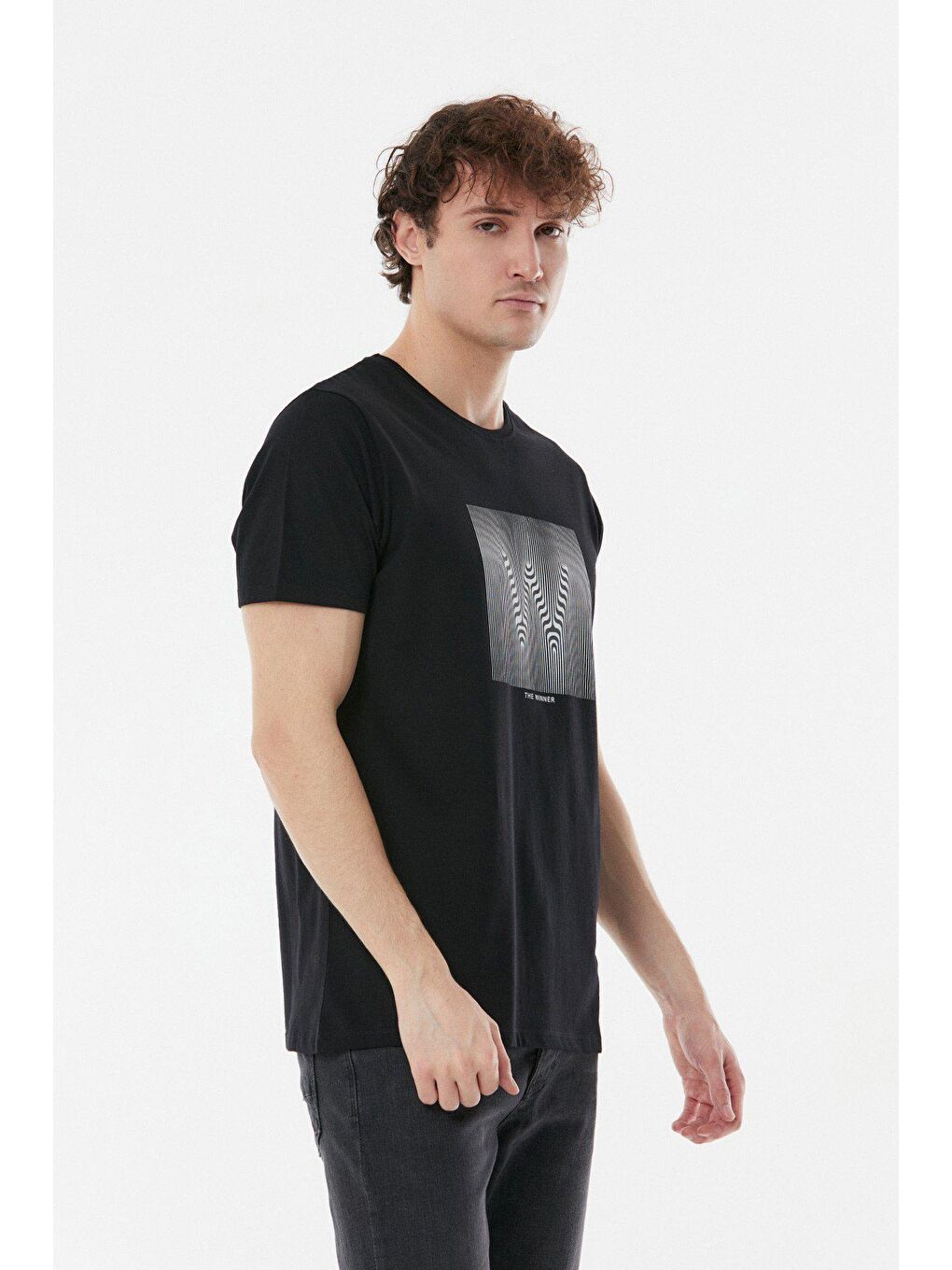 Siyah Baskılı Bisiklet Yaka Tişört-3