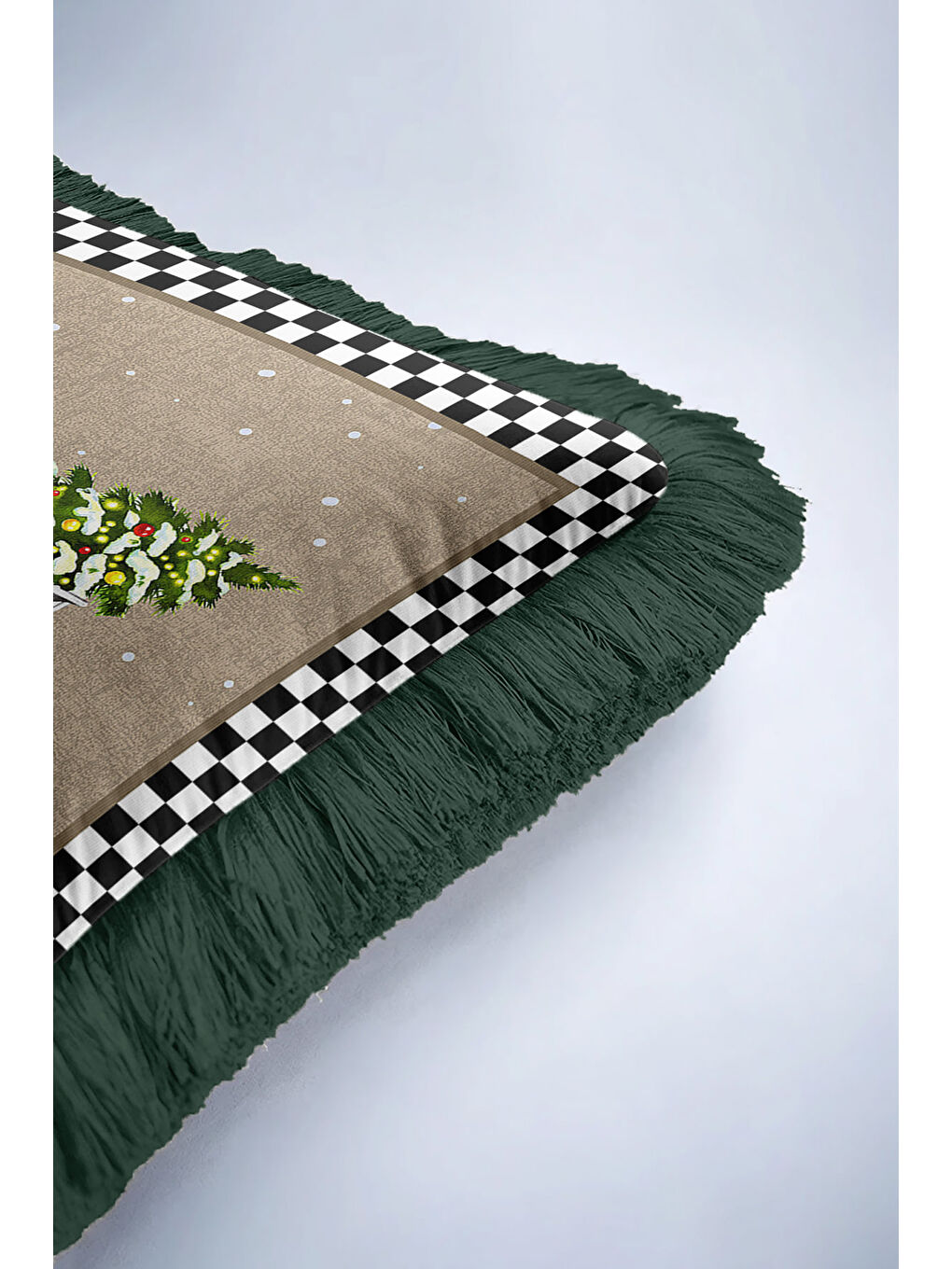 Karışık Vintage Kamyonlu Saçaklı Yastık Kılıfı - Klasik Kış Rustik Yeşil Püsküllü Kırlent Kılıfı-6