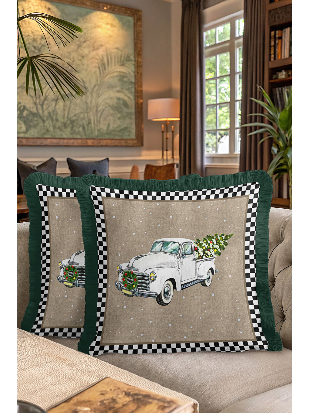 Karışık Vintage Kamyonlu Saçaklı Yastık Kılıfı - Klasik Kış Rustik Yeşil Püsküllü Kırlent Kılıfı-7