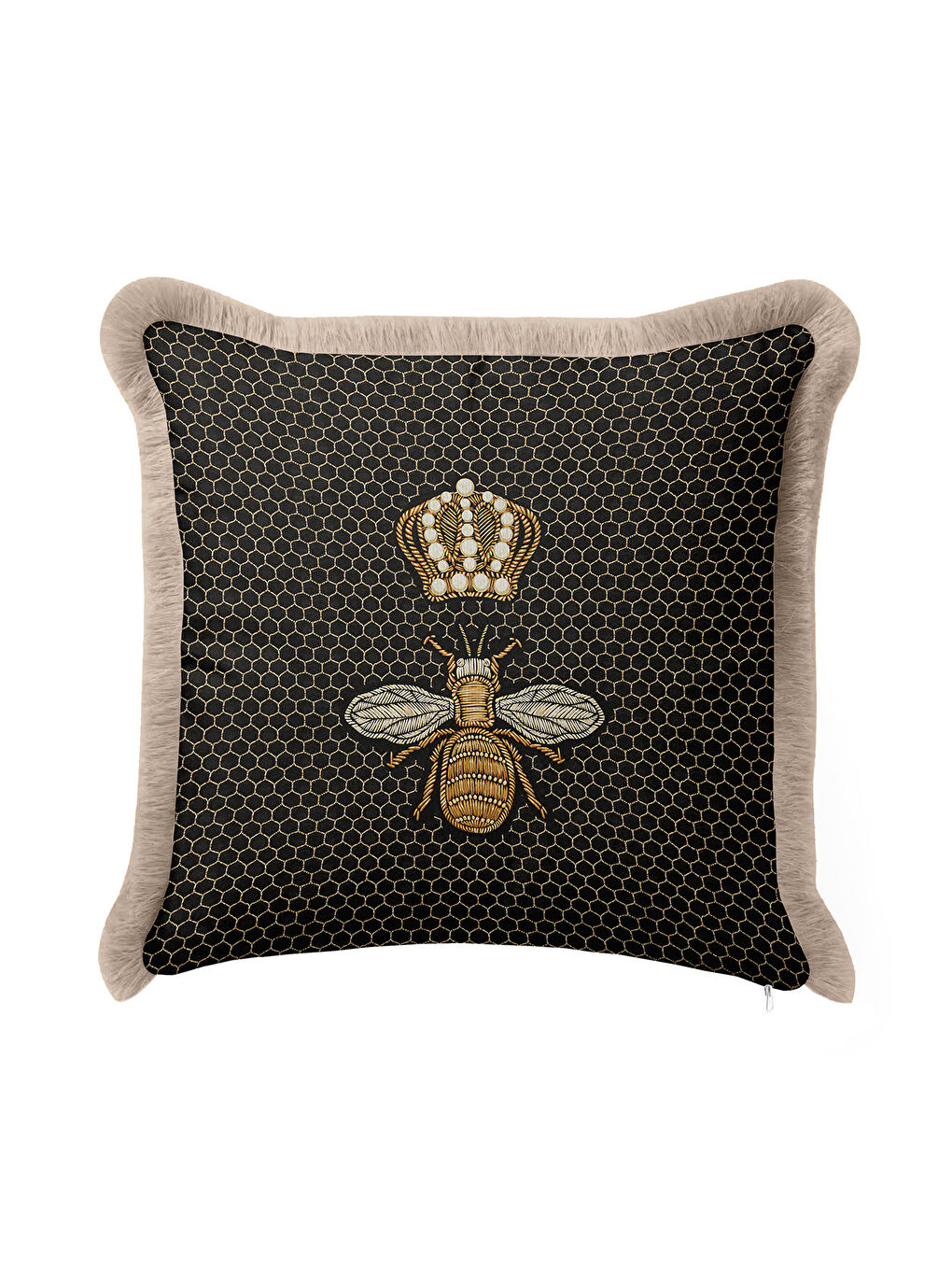 Karışık Kraliyet Arı Motifli Saçaklı Yastık Kılıfı - Lüks Bohem Siyah Altın Renkli Püsküllü Kırlent Kılıfı-2