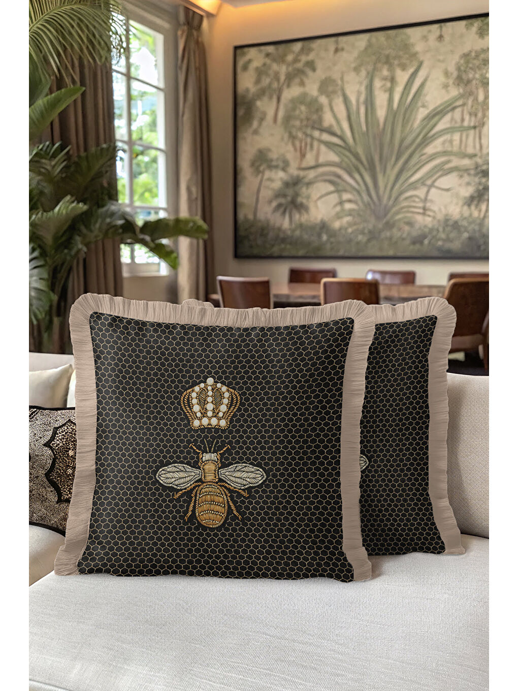Karışık Kraliyet Arı Motifli Saçaklı Yastık Kılıfı - Lüks Bohem Siyah Altın Renkli Püsküllü Kırlent Kılıfı-5