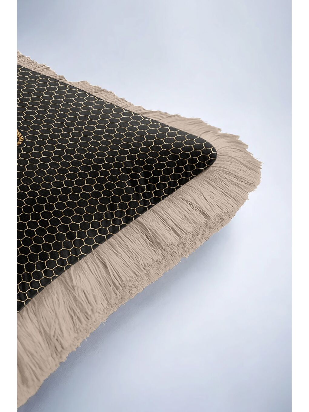 Karışık Kraliyet Arı Motifli Saçaklı Yastık Kılıfı - Lüks Bohem Siyah Altın Renkli Püsküllü Kırlent Kılıfı-6