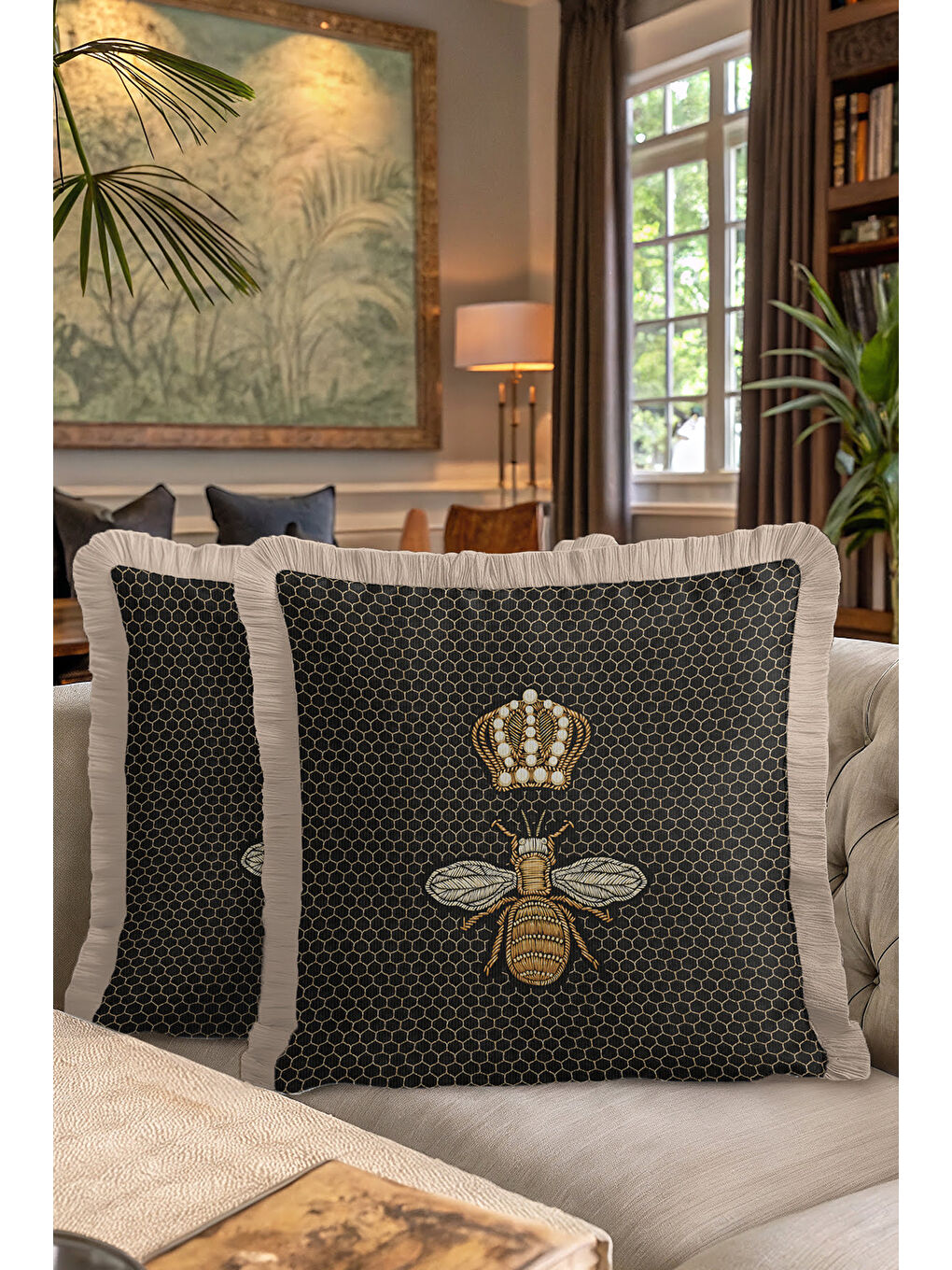 Karışık Kraliyet Arı Motifli Saçaklı Yastık Kılıfı - Lüks Bohem Siyah Altın Renkli Püsküllü Kırlent Kılıfı-7