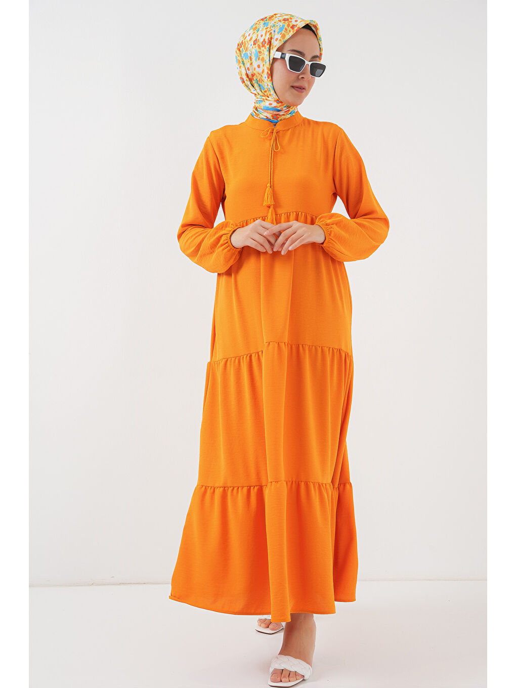 Turuncu 1627 Yaka Bağcıklı Tesettür Elbise - Oranje-1