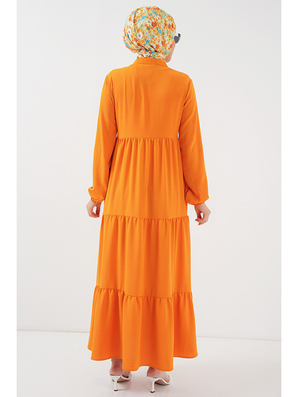 Turuncu 1627 Yaka Bağcıklı Tesettür Elbise - Oranje-4