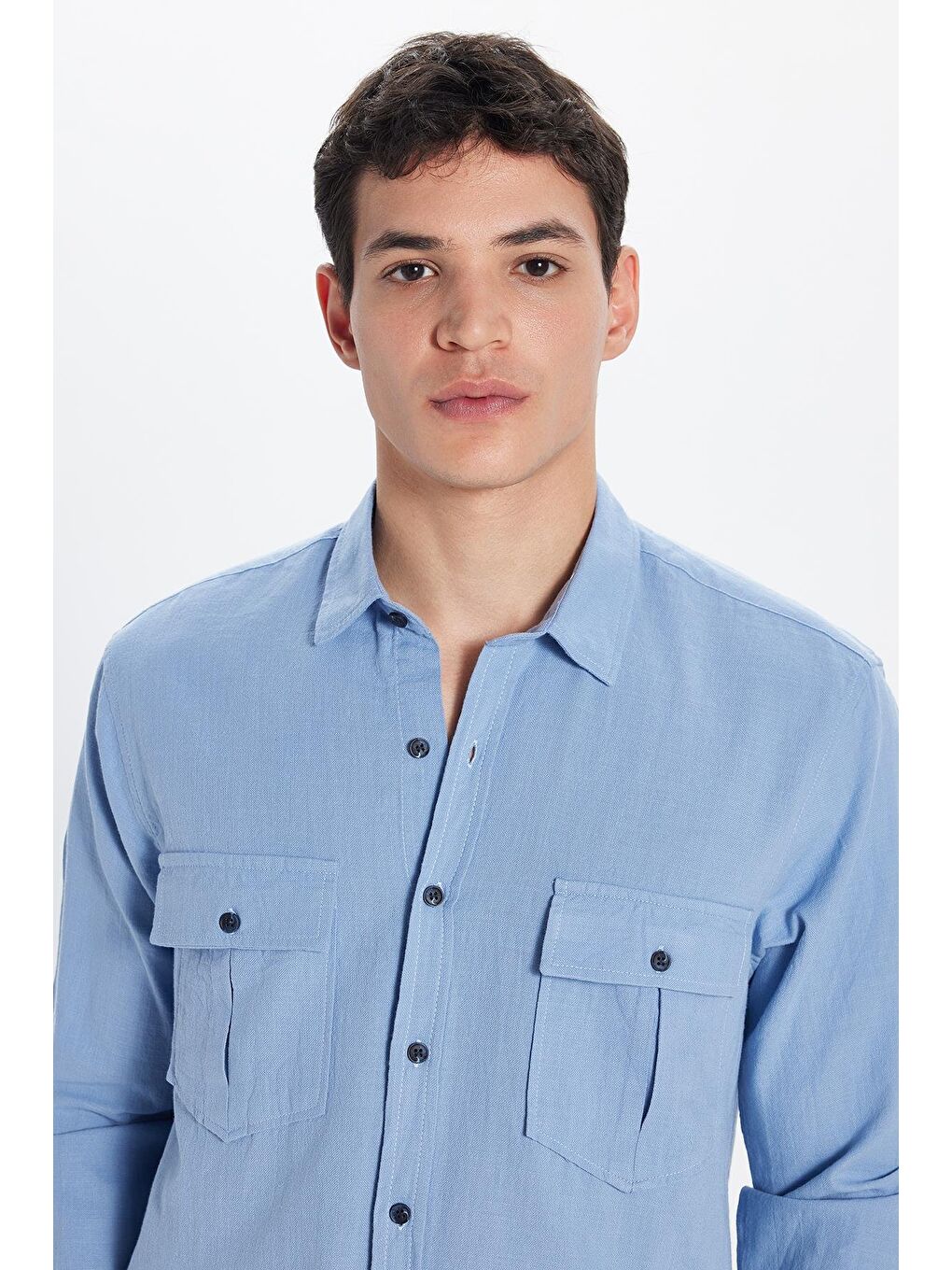 Erkek Regular Fit Klasik Kesim %100 Pamuk Keten Doku Çift Cep Mavi Gömlek-1