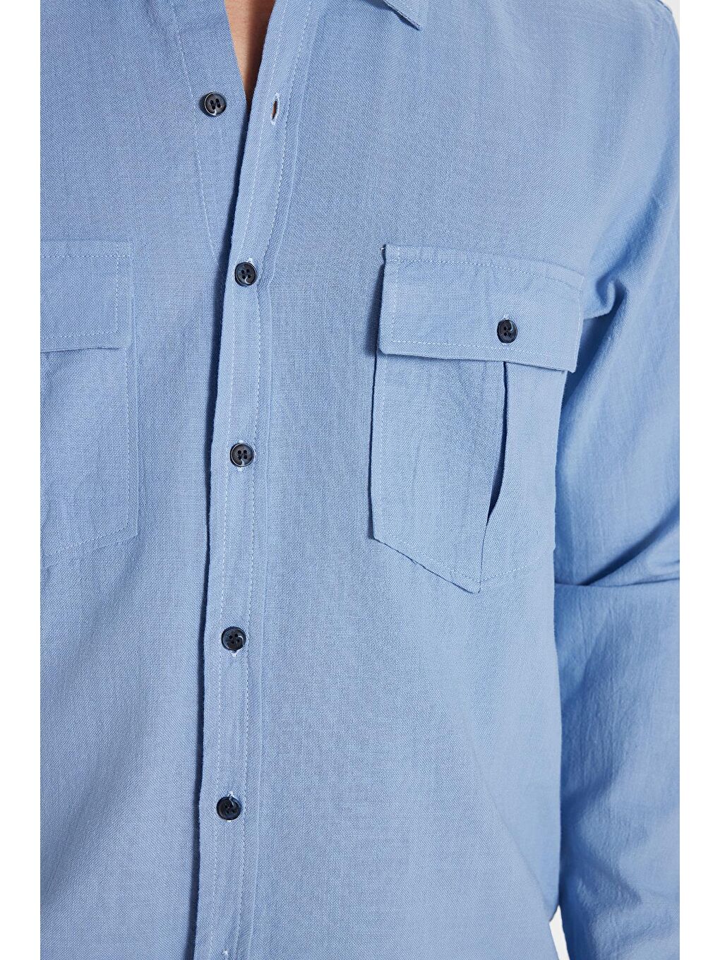 Erkek Regular Fit Klasik Kesim %100 Pamuk Keten Doku Çift Cep Mavi Gömlek-2