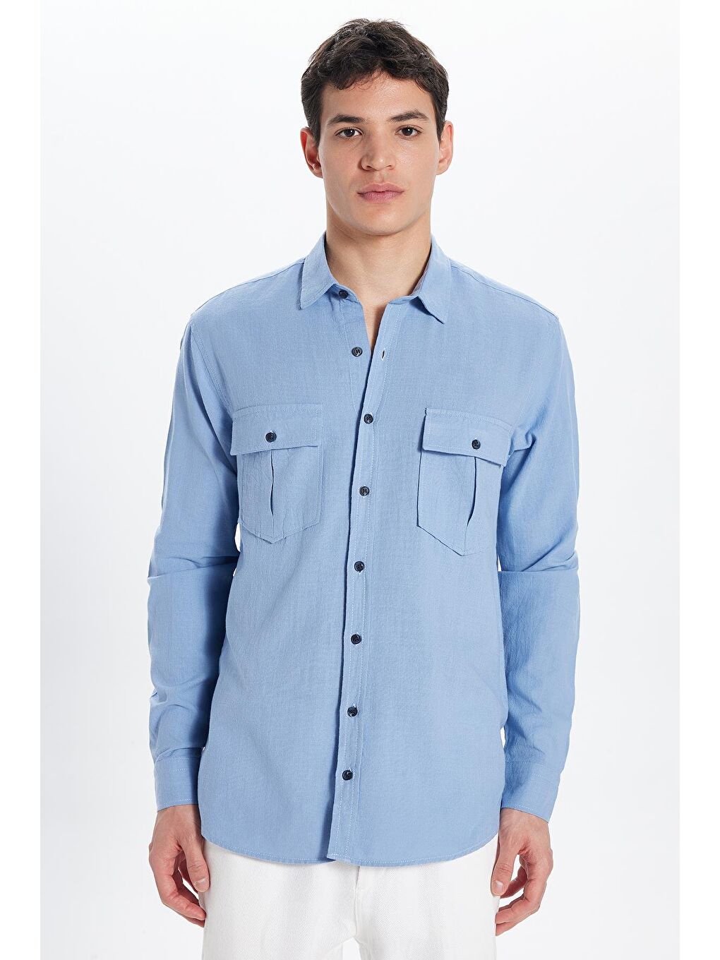 Erkek Regular Fit Klasik Kesim %100 Pamuk Keten Doku Çift Cep Mavi Gömlek-3