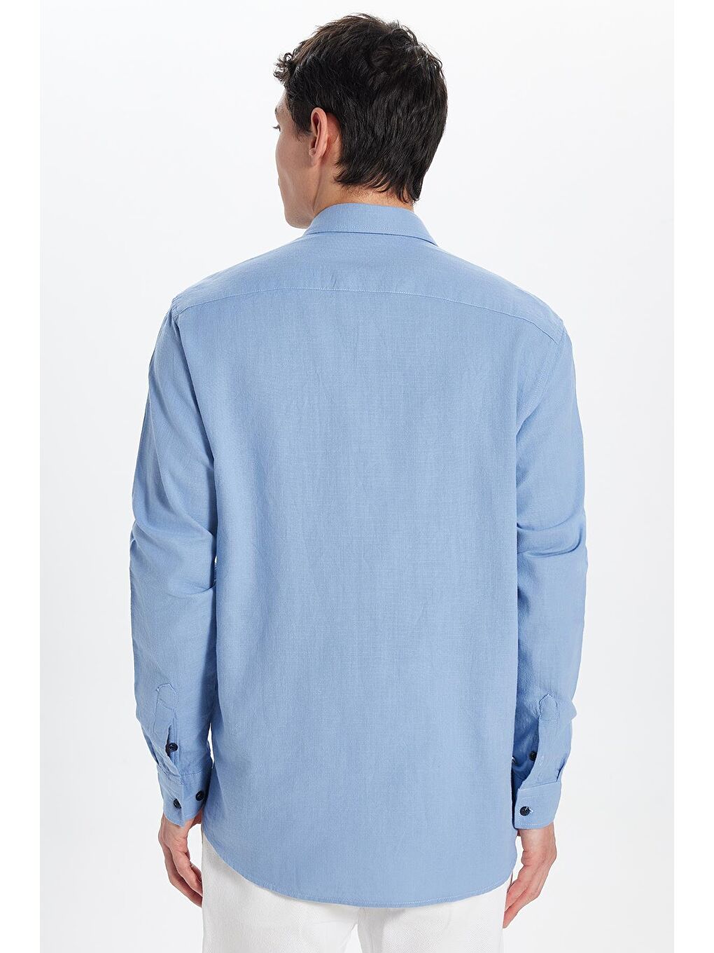 Erkek Regular Fit Klasik Kesim %100 Pamuk Keten Doku Çift Cep Mavi Gömlek-4