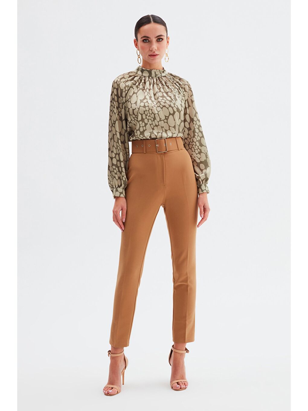 Kahverengi Yüksek Bel Kemerli Pantolon - Camel-1