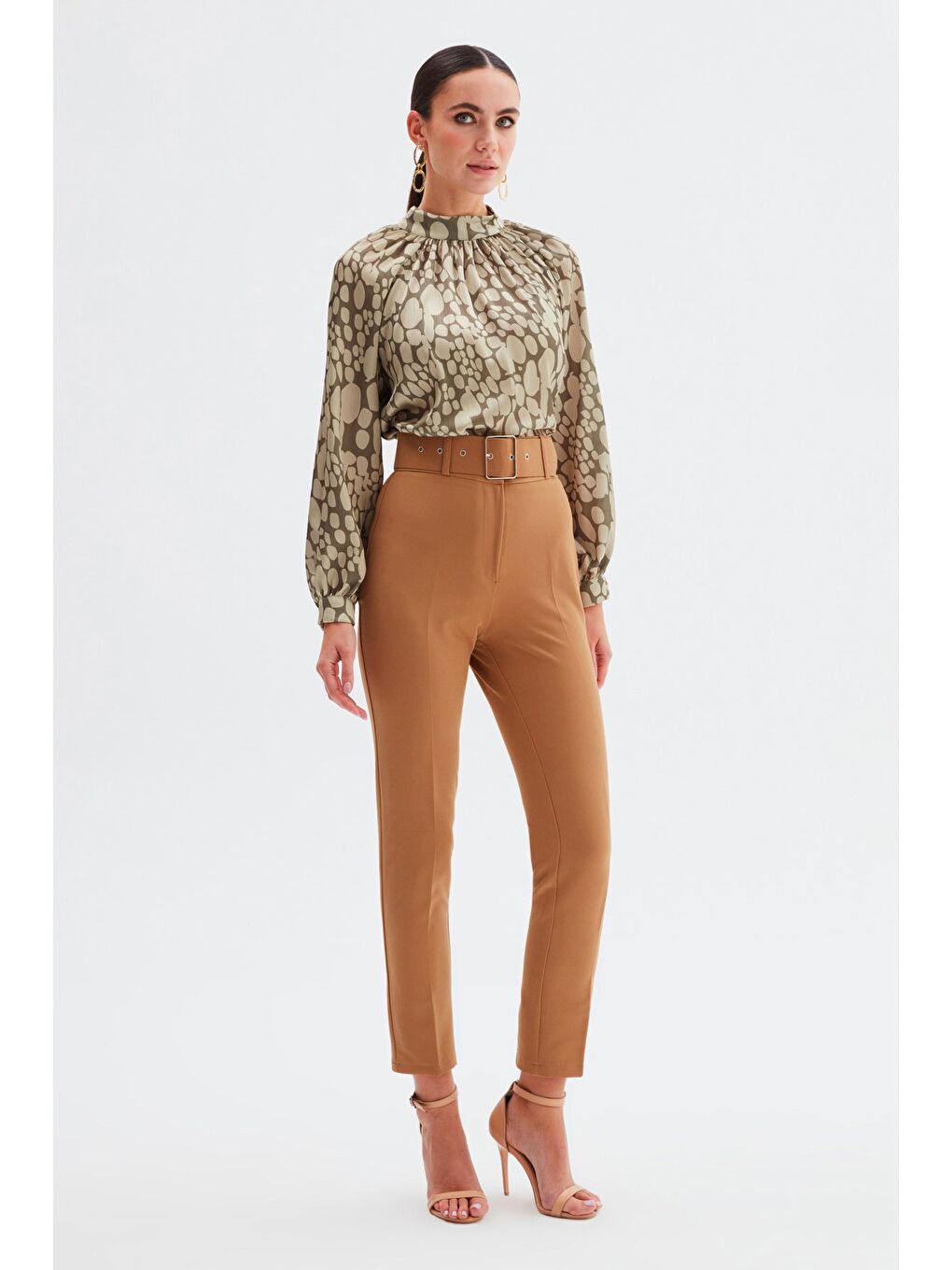 Kahverengi Yüksek Bel Kemerli Pantolon - Camel-2