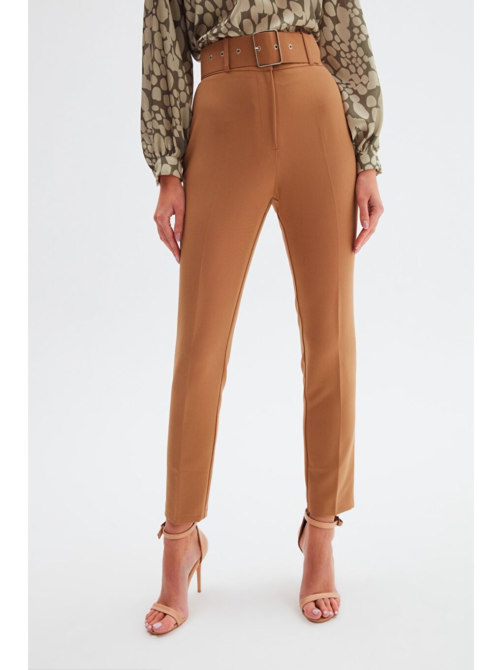 Kahverengi Yüksek Bel Kemerli Pantolon - Camel-3