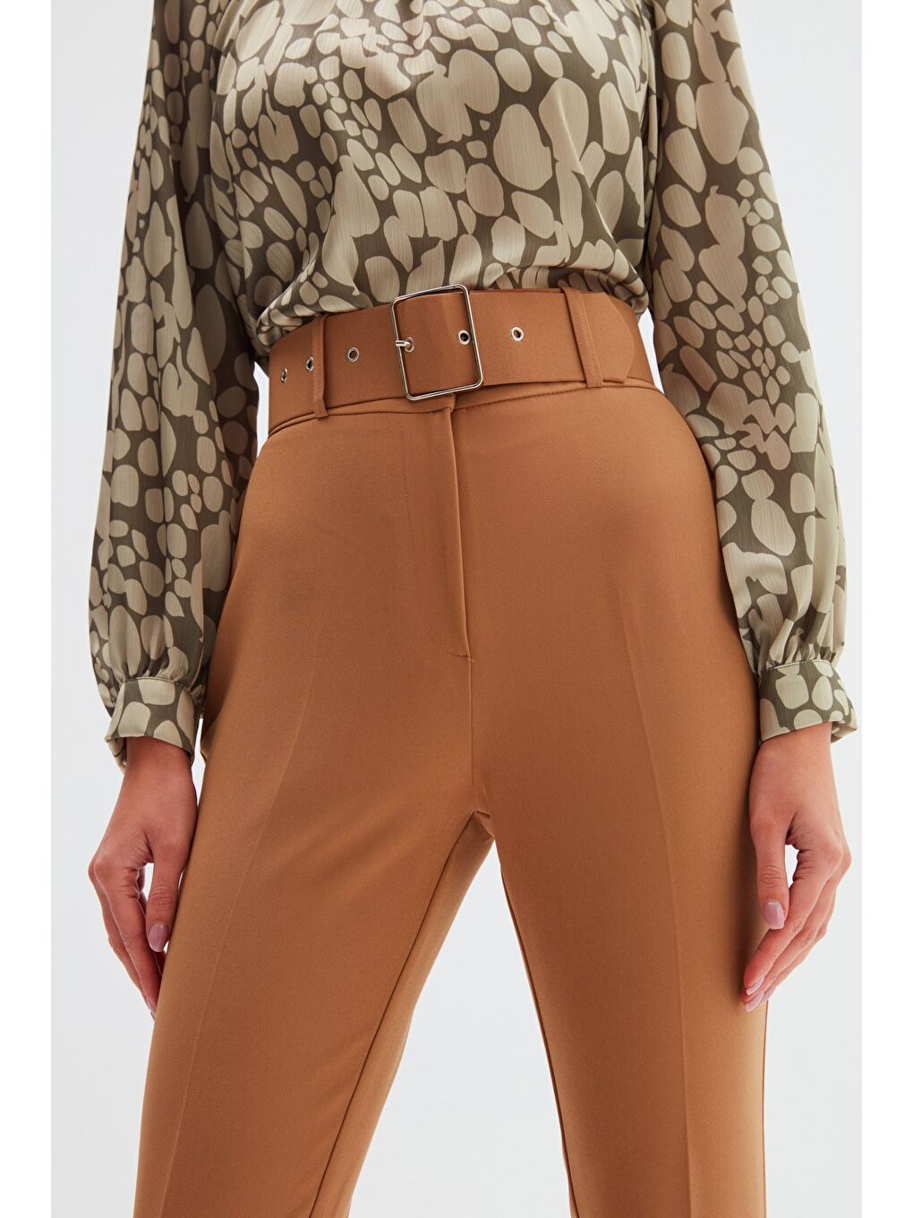 Kahverengi Yüksek Bel Kemerli Pantolon - Camel-4