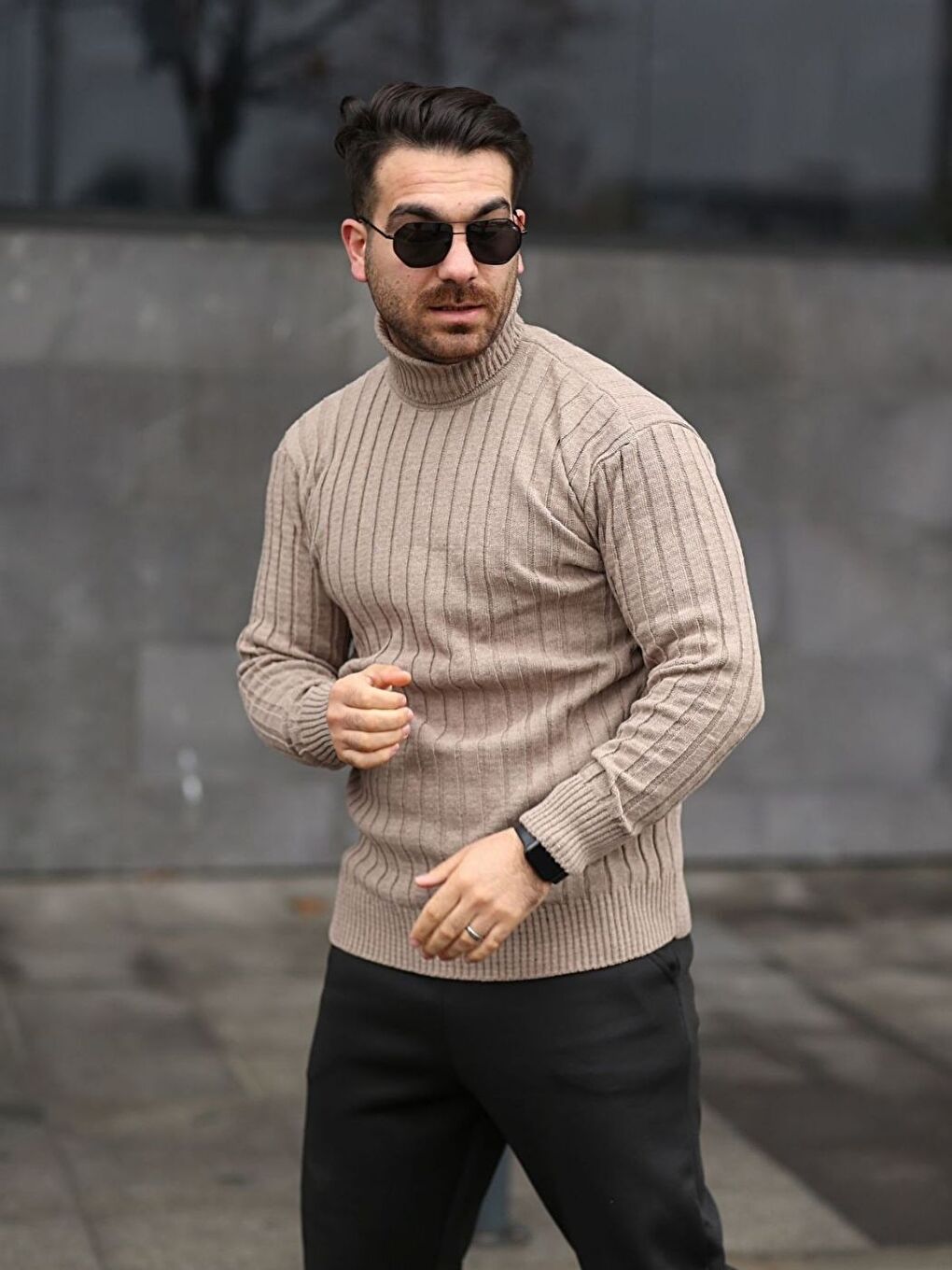 Bej Boğazlı Balıkçı Yaka Kışlık Triko Erkek Uzun Kollu Kazak